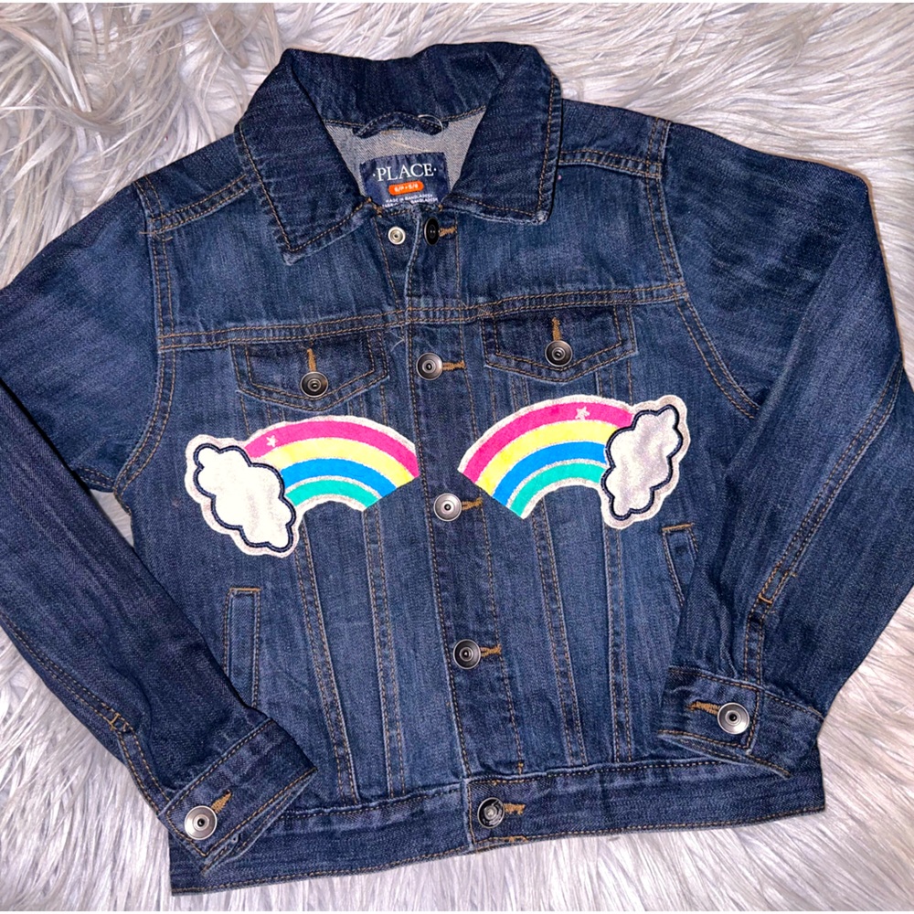 The Childrens Place Embellished Denim Jean Jacket Sequin Heart Patches S(5-6)